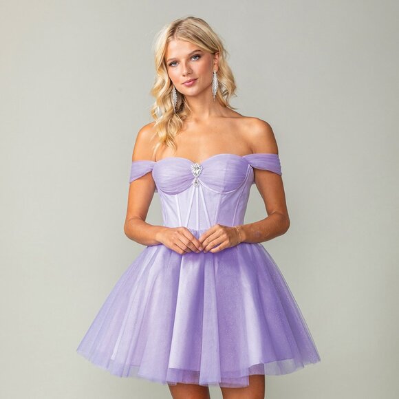 New Lilac Off The Shoulder Fit & Flare Homecoming Dress w/ Boned Bodice DQ 3394 - Picture 1 of 9